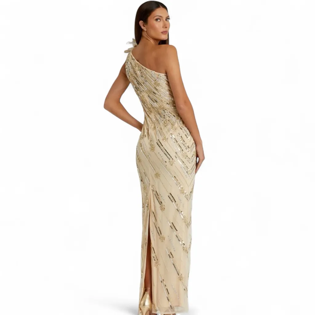 MAC DUGGAL Gold Embellished Floral Detail One Shoulder Gown Sz 12 - Image 3