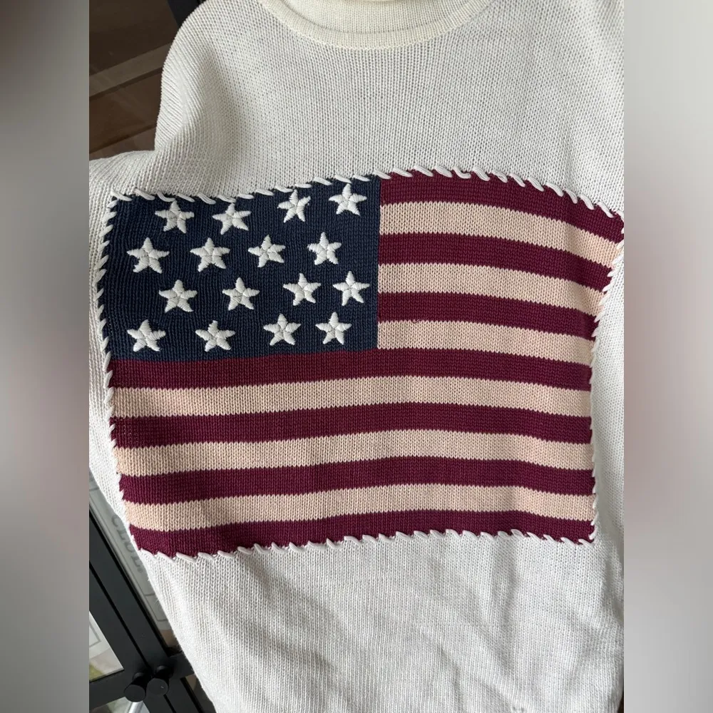 Vintage 90s USA Flag Knit Mockneck Sweater County Seat Patriotic embroidered White - Image 6