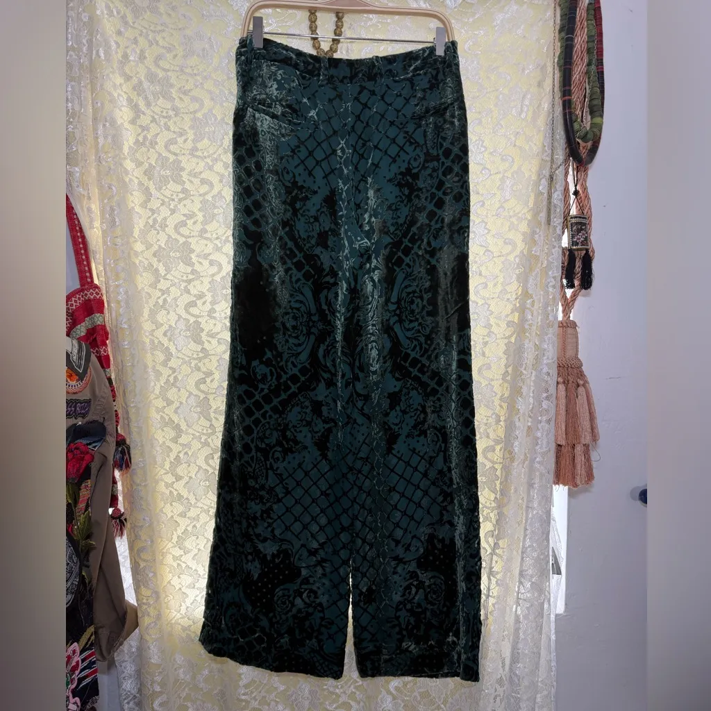 Balmain collab H&M Dark Green Velvet Wide-Leg trouser Pants wide leg rose print - Image 8