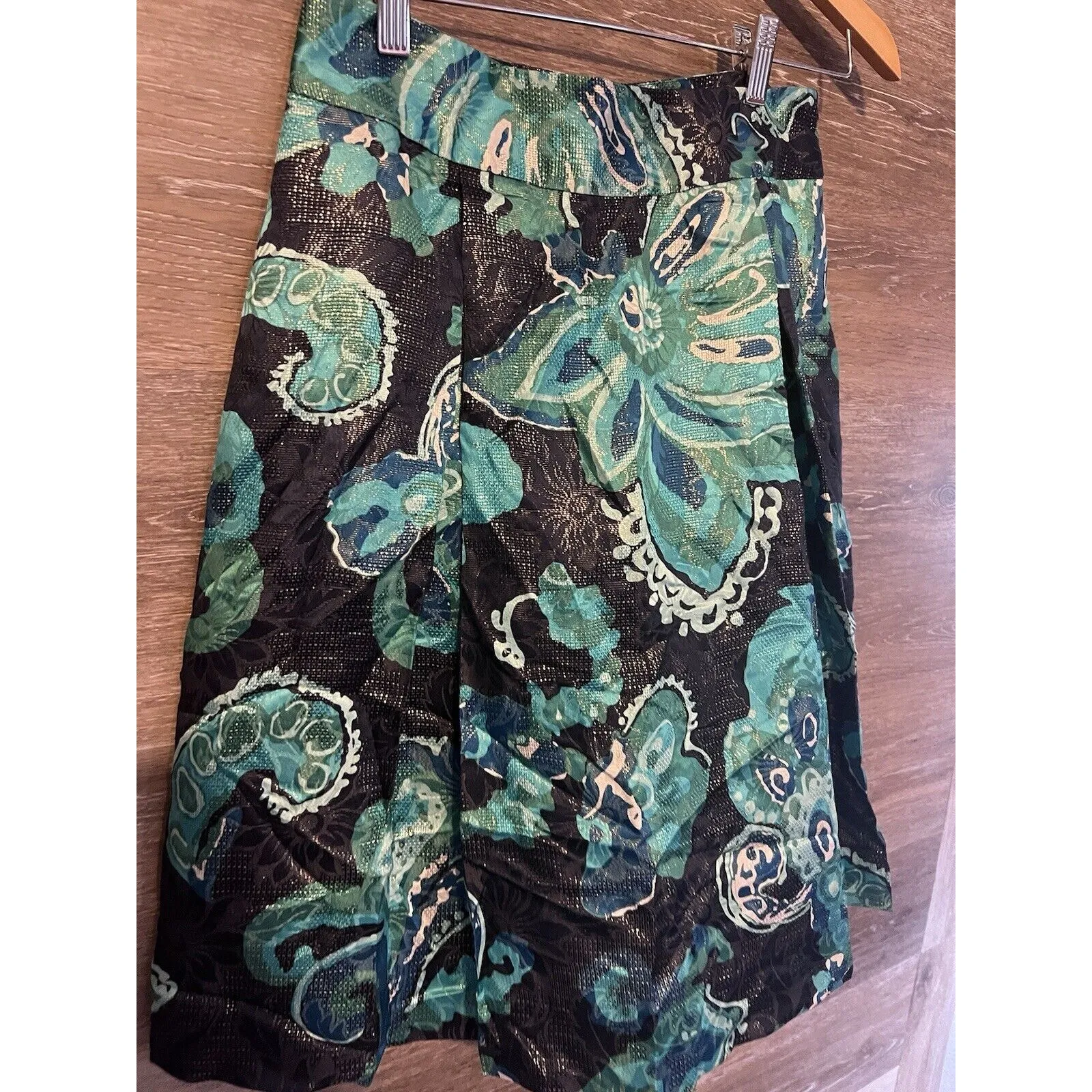 TORY BURCH SKIRT Pleated Floral Metallic Turquoise Black Sz 6 SILK Rayon - Image 5