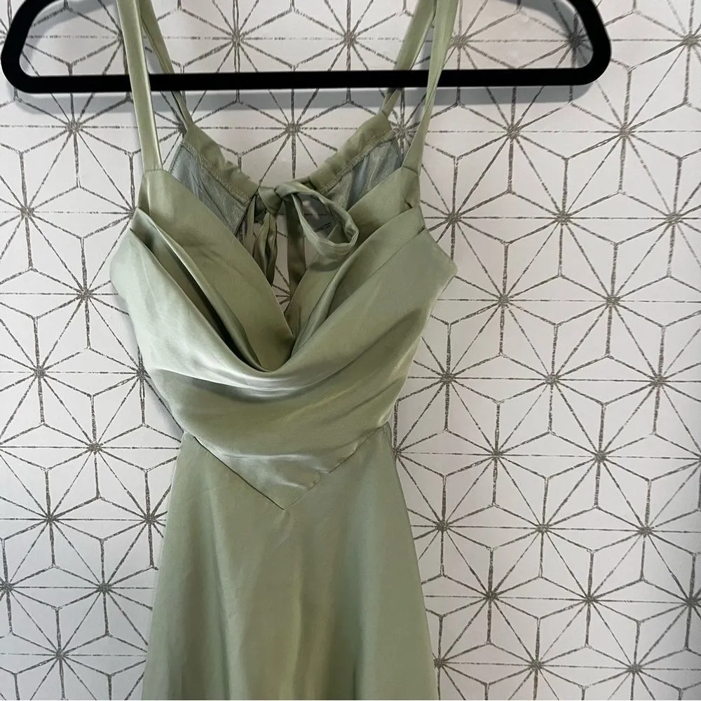 Stun to Remember Sage Green Satin Cowl Neck Cutout Midi Dress - Image 5