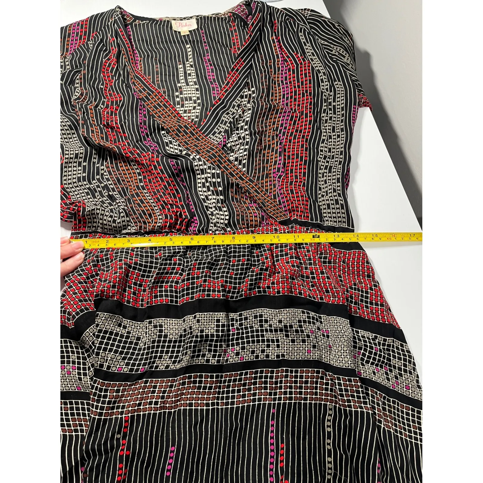 Parker Silk Wrap Dress Black Red Geometric Stripe Print Long Sleeve Size Small - Image 5