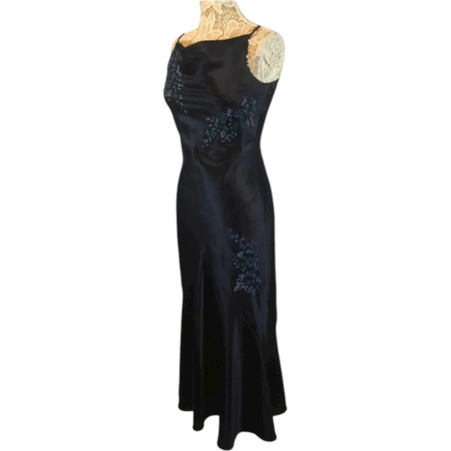 Y2K Alex Evenings navy beaded slip cowl neck floral satin formal Gown small - Image 7