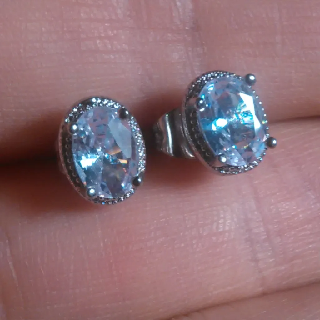 Simulated Blue and White Diamond Silvertone Brass Stud Earrings - Image 9