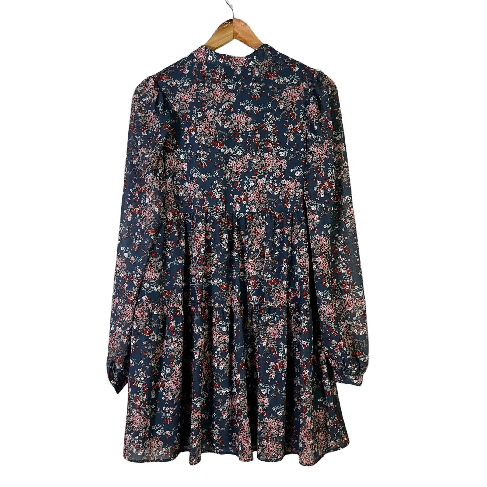 NWT Nasty Gal Floral Print Tiered Mini Dress Long Sleeve V Neck Navy Pink - Image 4