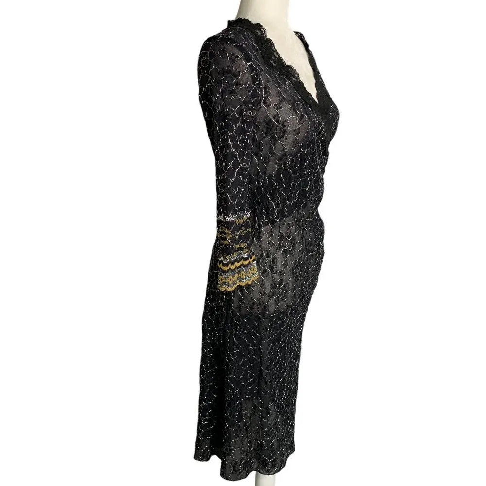 Vintage 90s Betsey Johnson Sheer Lace Midi Dress L Black Silver Metallic Wrap - Image 5