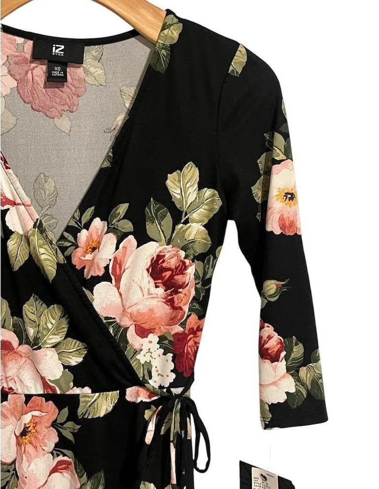IZ Byer Wrap Dress Women's XS Black Floral Faux Bow Fit & Flare 3/4 Sleeve NEW - Image 3