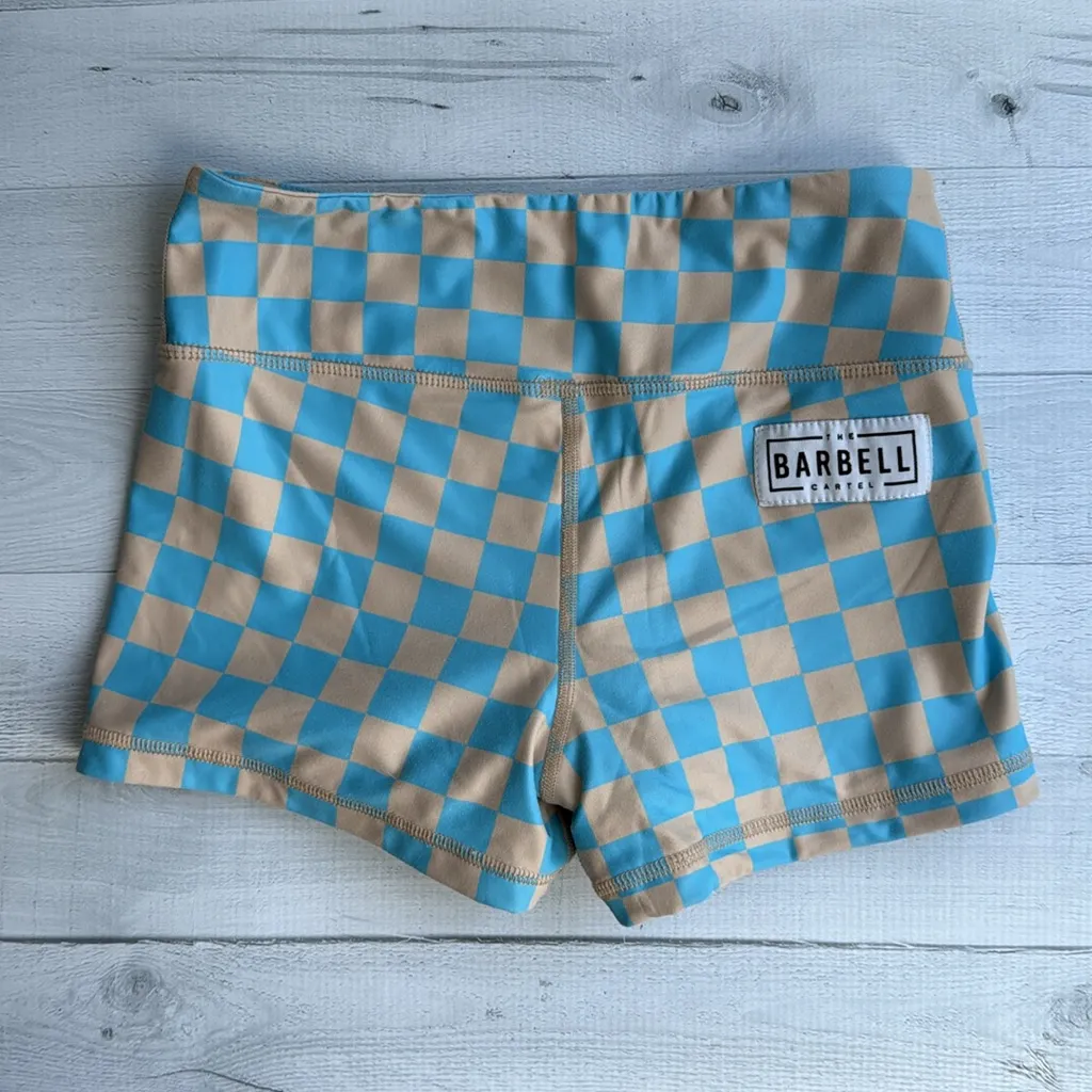 RARE The Barbell Cartel Comp Short 2.5” Blue and Beige Checker Print S - Image 2