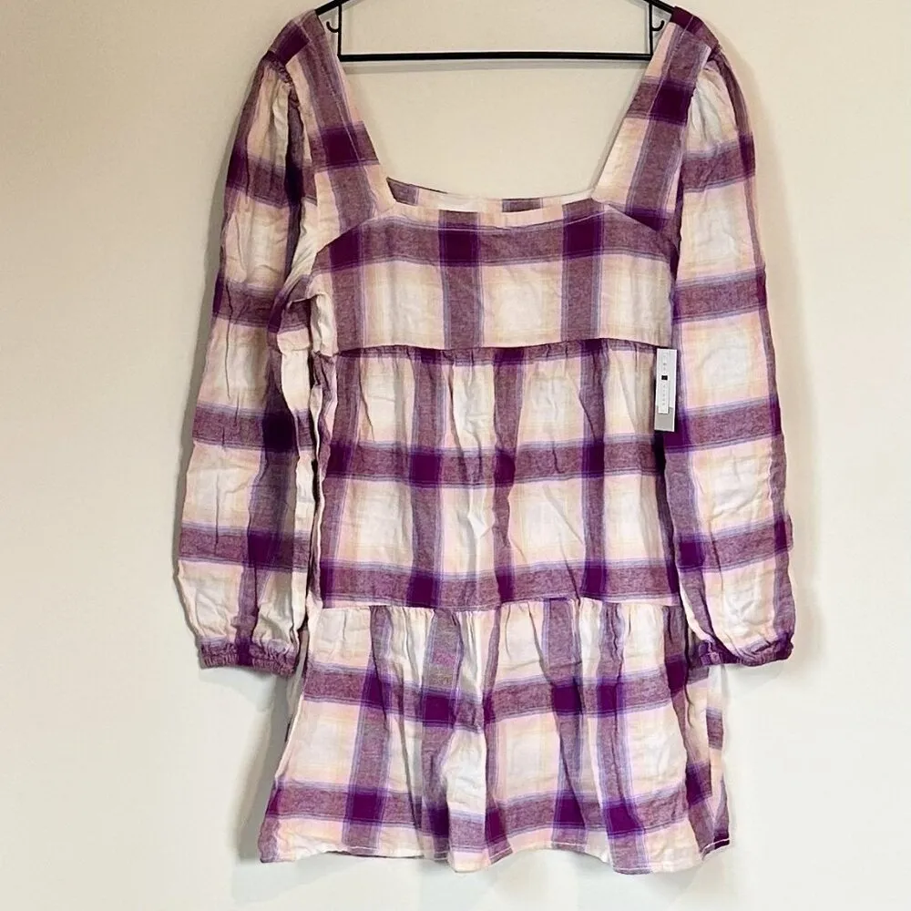 NWT BP by Nordstrom Cream + Purple Plaid Long Sleeve Square Neck Mini Dress - M - Image 2