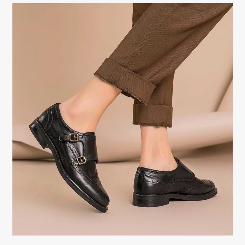 NEW Black Genuine Cow Leather BeauToday Brogue Style Monk Shoes 6.5 $95 - Image 7