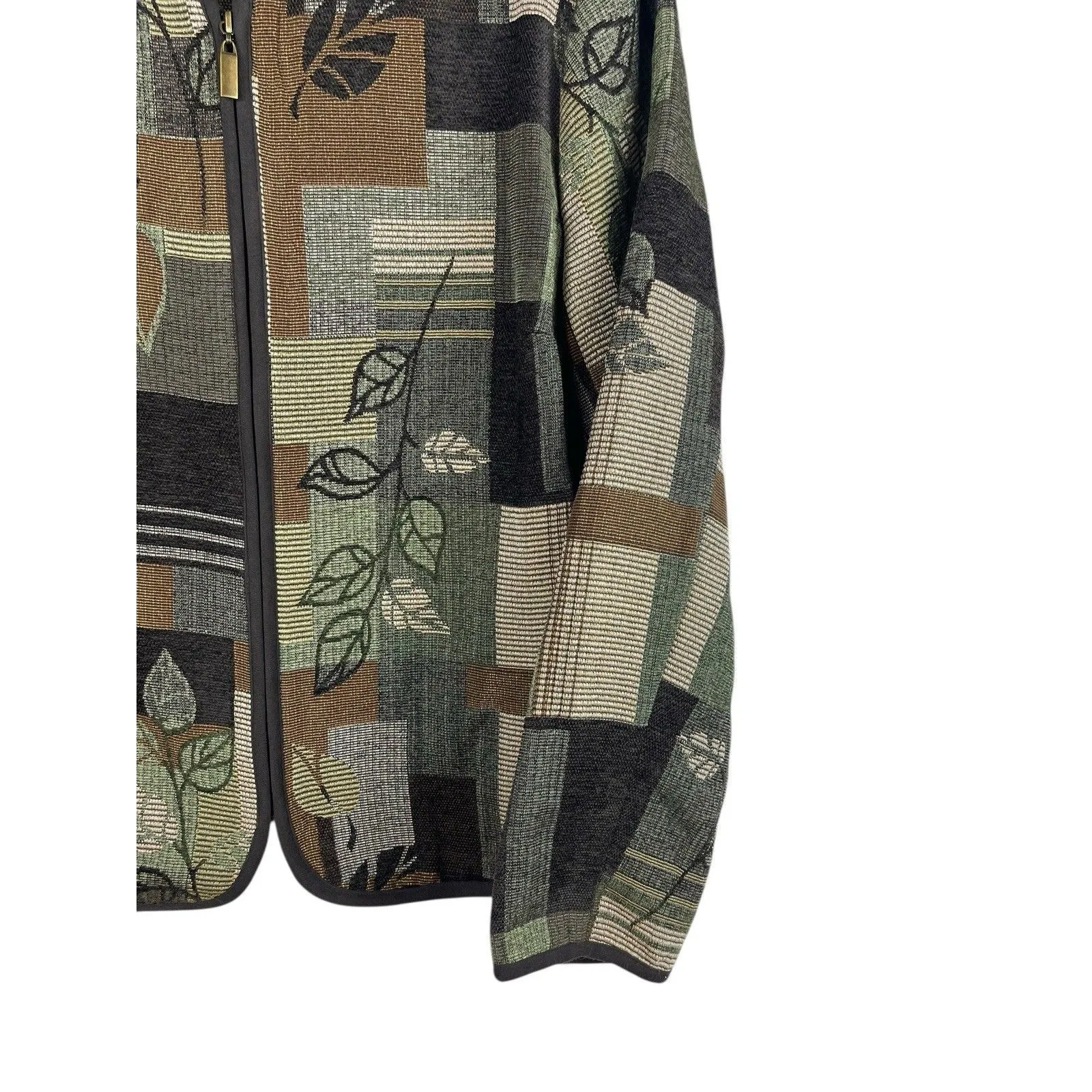 Christopher & Banks Women’s XL Tapestry Zip Up Jacket Patchwork Leaf Fall Tones Green - Image 3