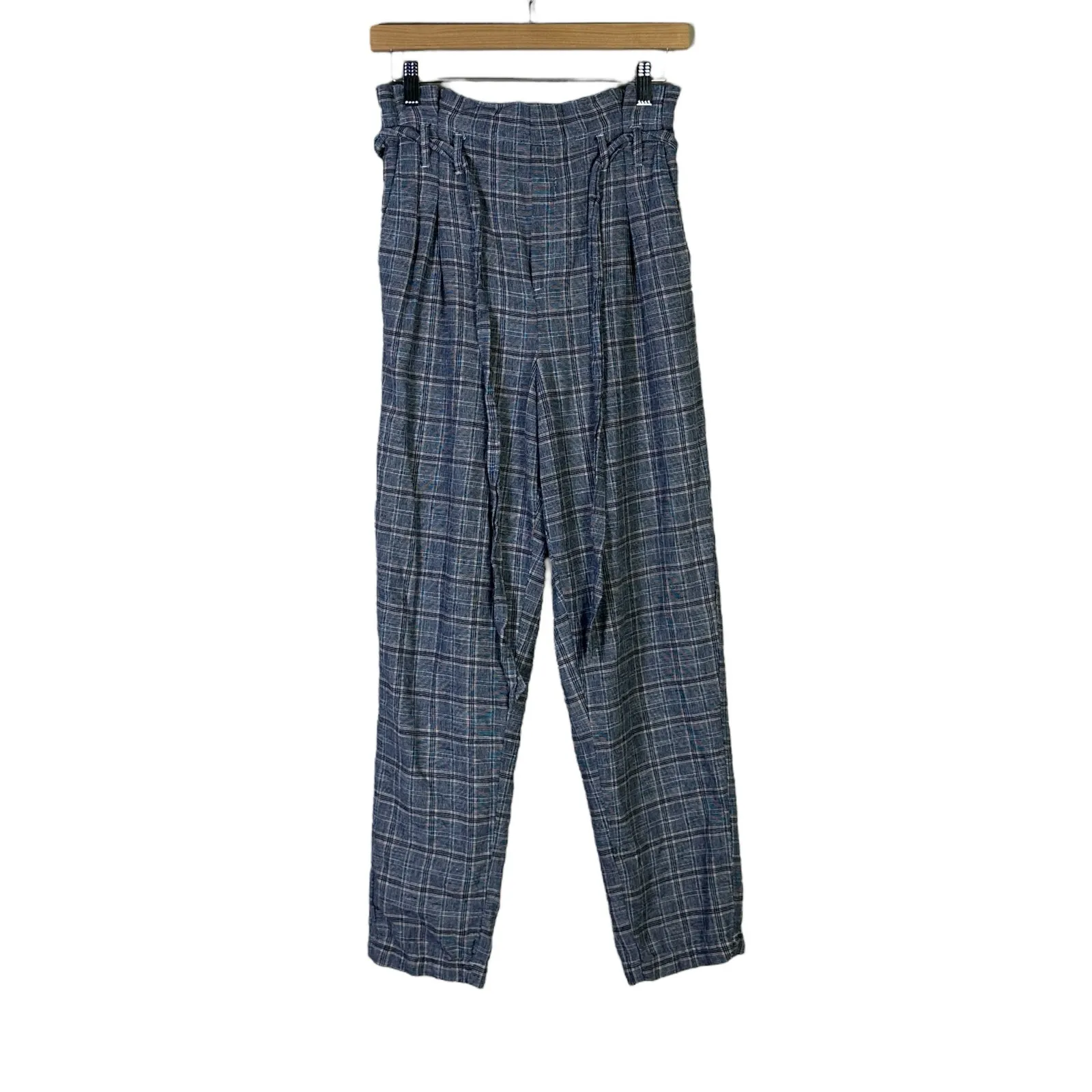 American Eagle Paperbag Pants Womens S Blue Plaid High Rise Tapered Cotton Linen - Image 2