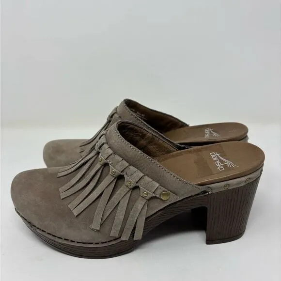 Dansko Deni Women's 40 / 9.5-10 Mule Taupe Gray Clog Nubuck Suede Leather Fringe - Image 5