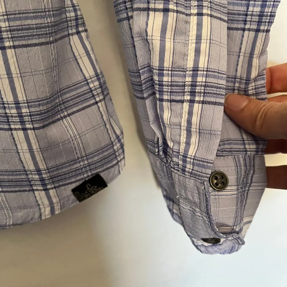 Prana Plaid Roll-Tab Button Womens Shirt Size Small Purple Long Sleeve Western - Image 7