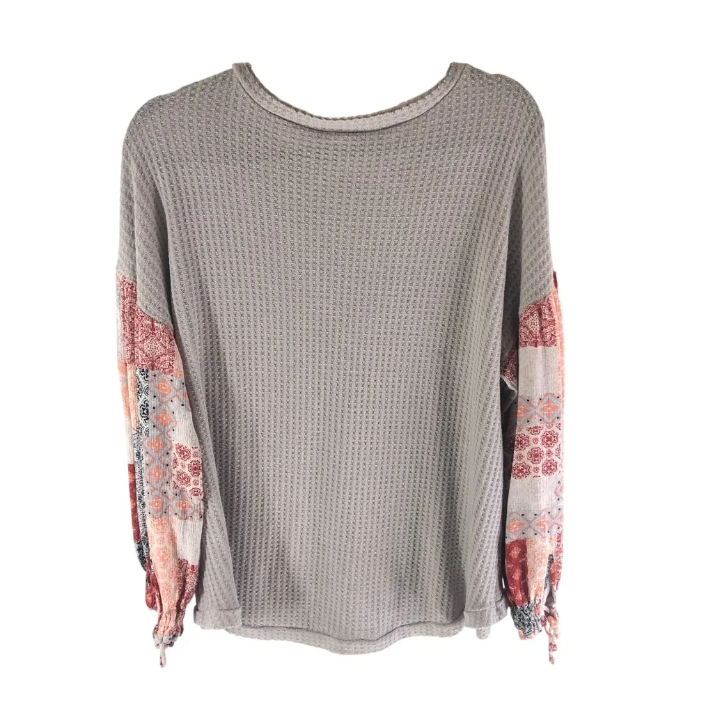 In Loom Top Oversized Waffle Knit Patchwork Long Sleeve Contrast Floral Gray S - Image 2
