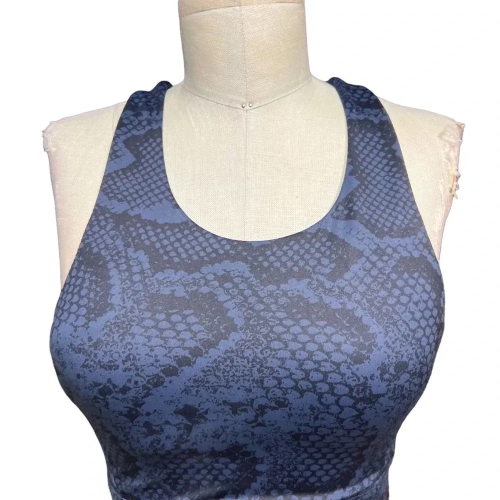 Allfenix Long Sports Bra Racerback‎ Stretch Snake Animal Print Navy Blue Medium - Image 3