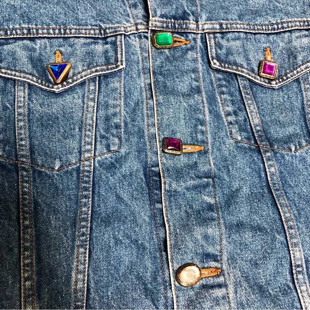 Vintage 90s  Jewel Buttons Denim Jean Jacket Jewel Tone Bejeweled szM - Image 3