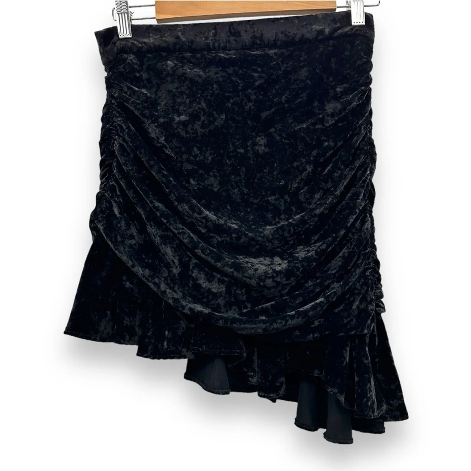 Zara Black Ruched Ruffle Crushed‎ Velvet Asymmetrical Mini Skirt Size S NEW - Image 2