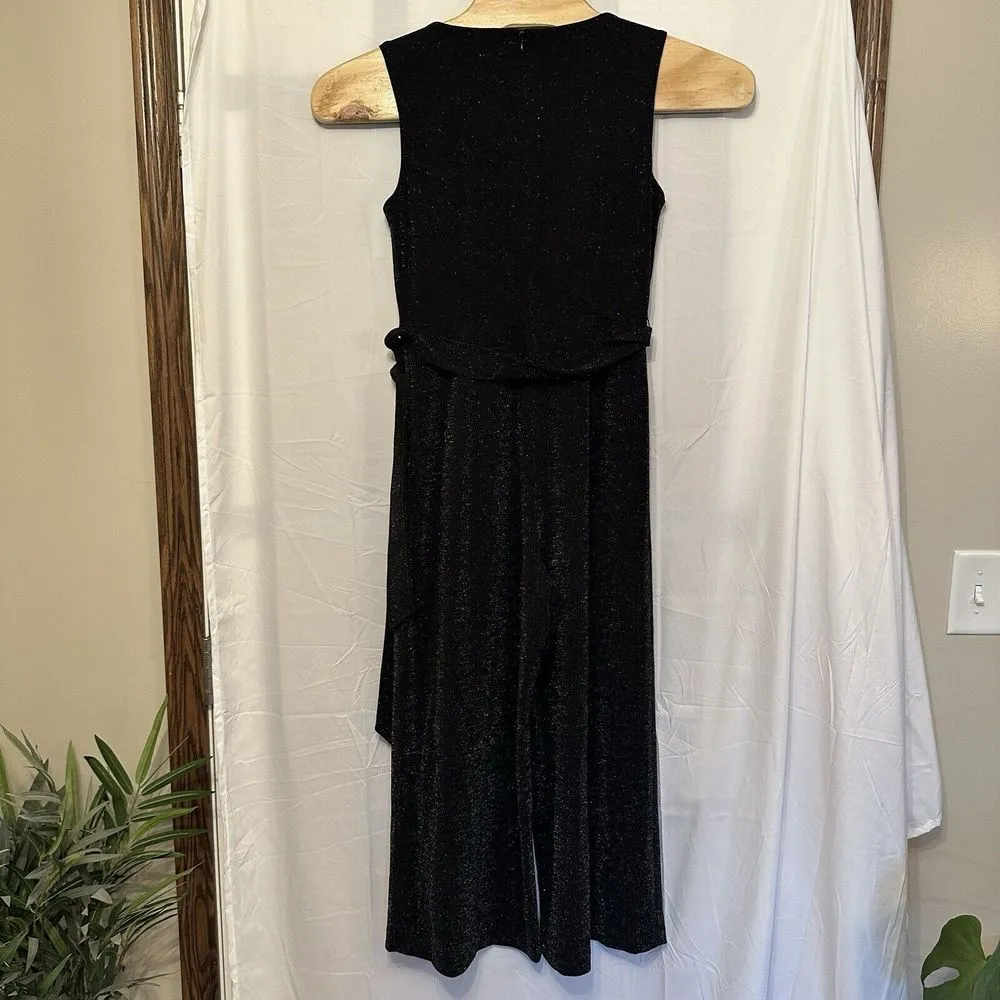 Calvin Klein Women's 10 Black‎ Belted Wide Leg Jumpsuit Glitter Metallic V Neck - Image 5