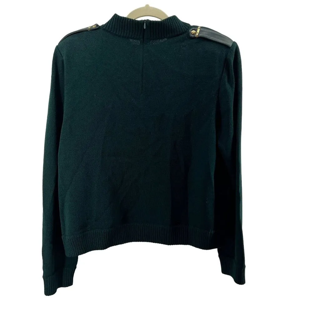 VTG St John Dark Green Knit Sweater Leather Epaulettes Shoulder Detail Size 14 - Image 8