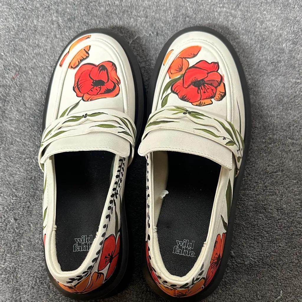 Wild Fable Hand Painted Floral Loafers with Red and Orange Blooms NWOT - Image 2