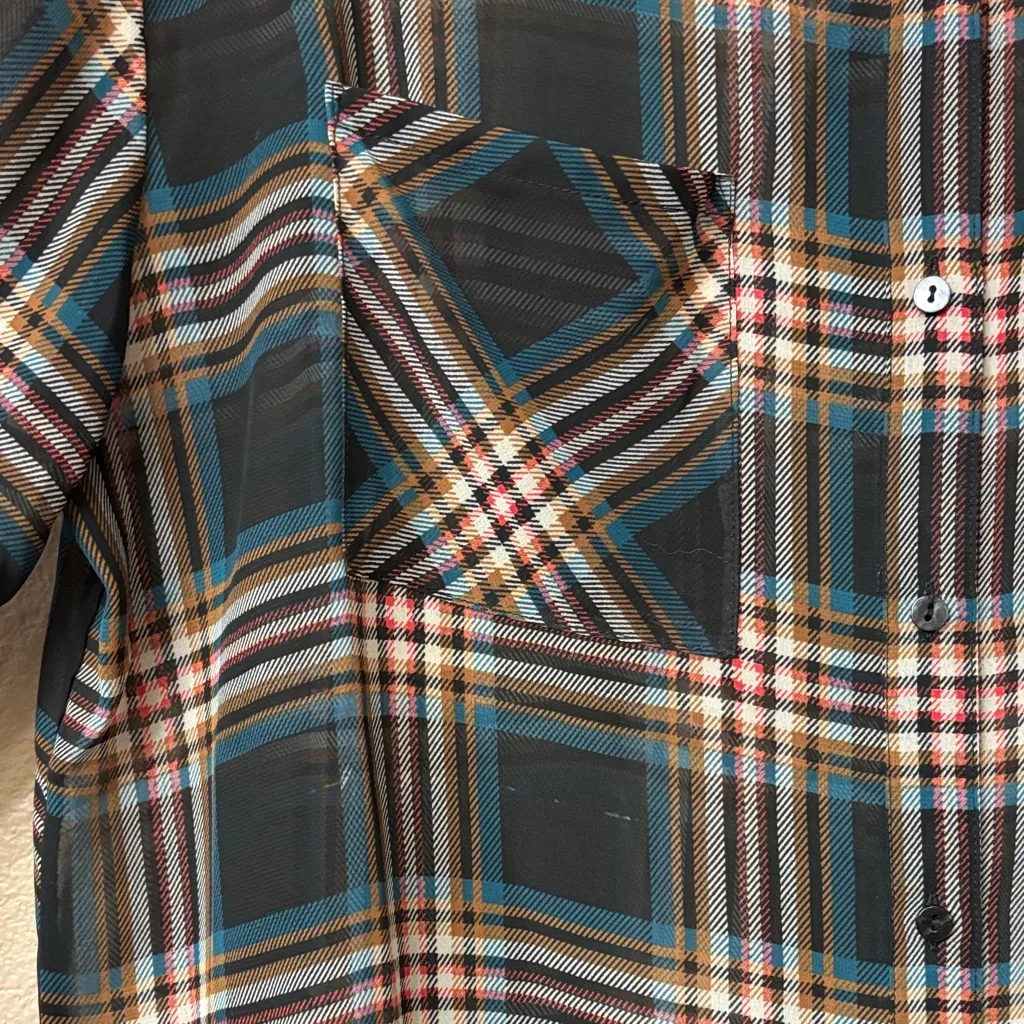 Decree LARGE Semi-Sheer Multicolor Plaid Button Down Shirt Roll Tab Long Sleeves - Image 9