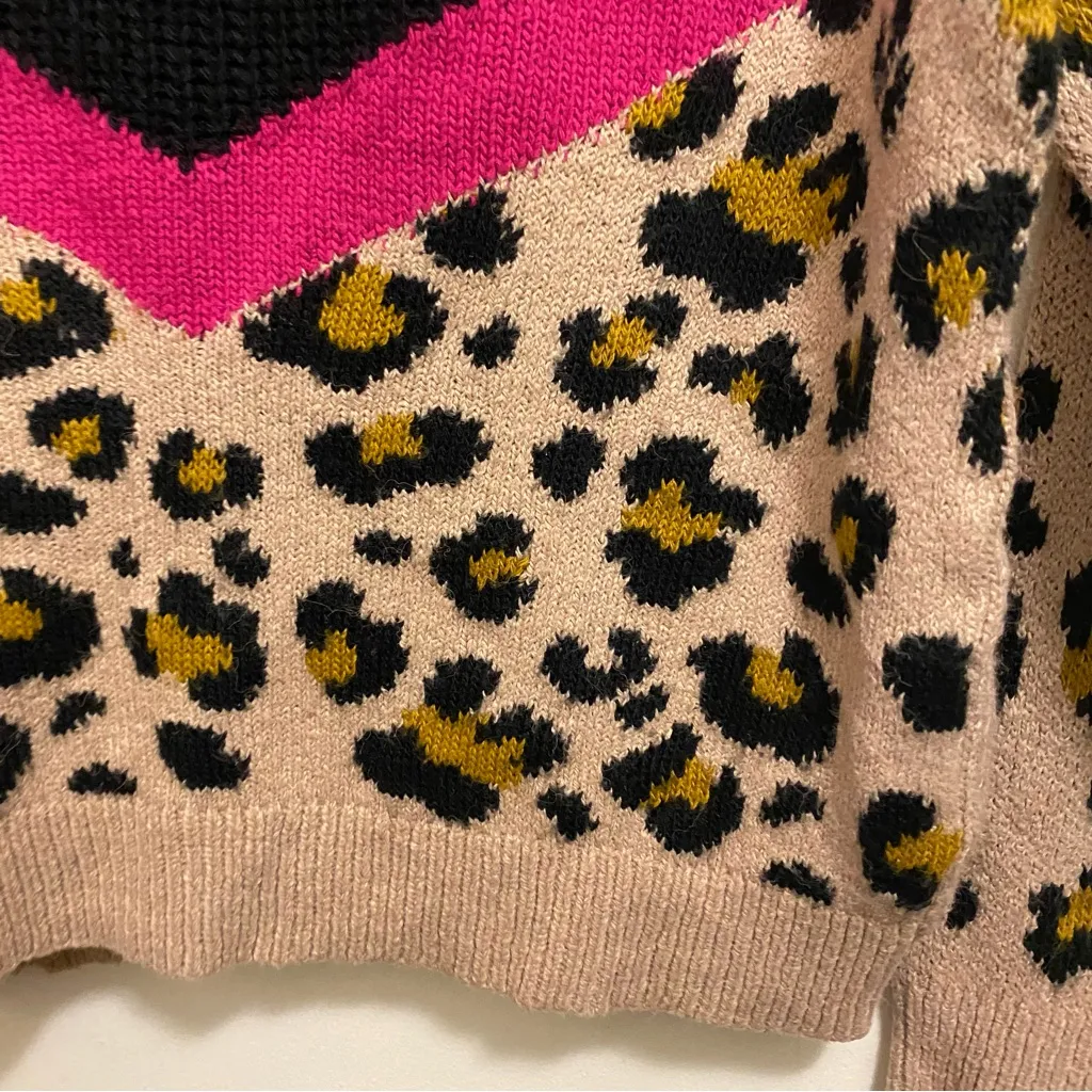 Asos Womens Knit Sweater Size 0 44” Leopard Print Black & Pink Stripe High Neck - Image 2