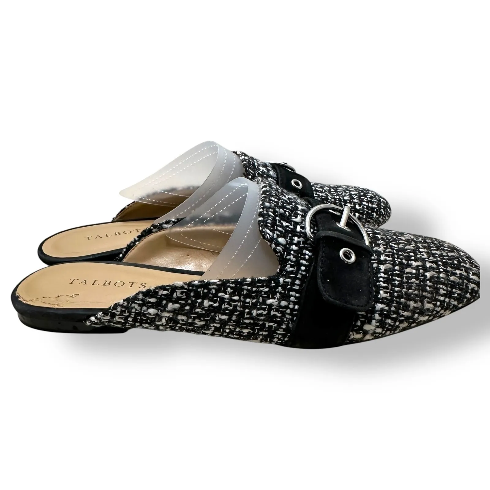 Talbots Women Black White Tweed Mule Loafers 9.5 Buckle‎ Slip On Classic Preppy - Image 5