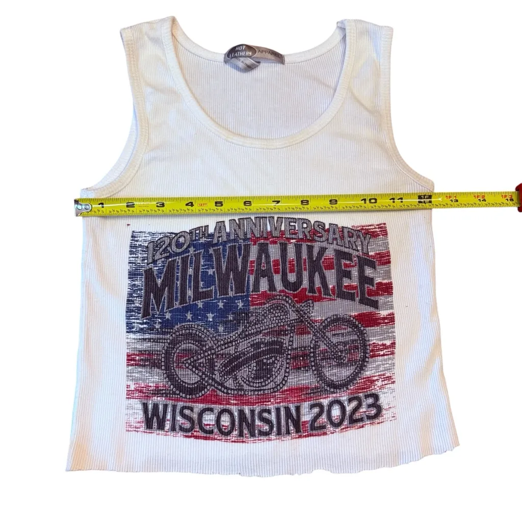 Milwaukee Motorcycle Rally Cropped Tank Top USA Flag Biker White Ribbed Size M Size M - Image 5