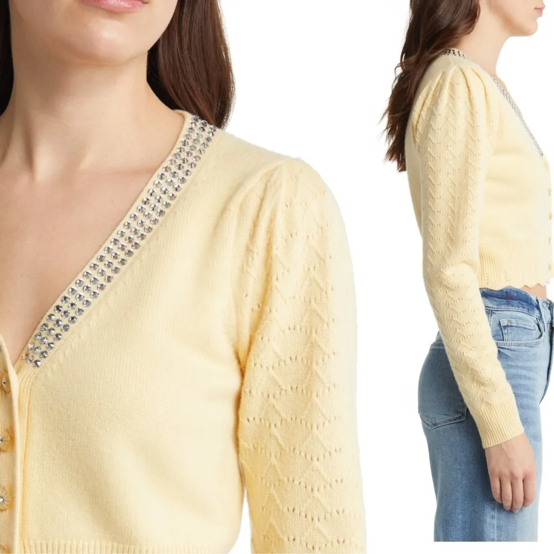 LoveShackFancy Brynner Wool Cashmere Cropped Cardigan Sweater‎ Yellow Medium - Image 3