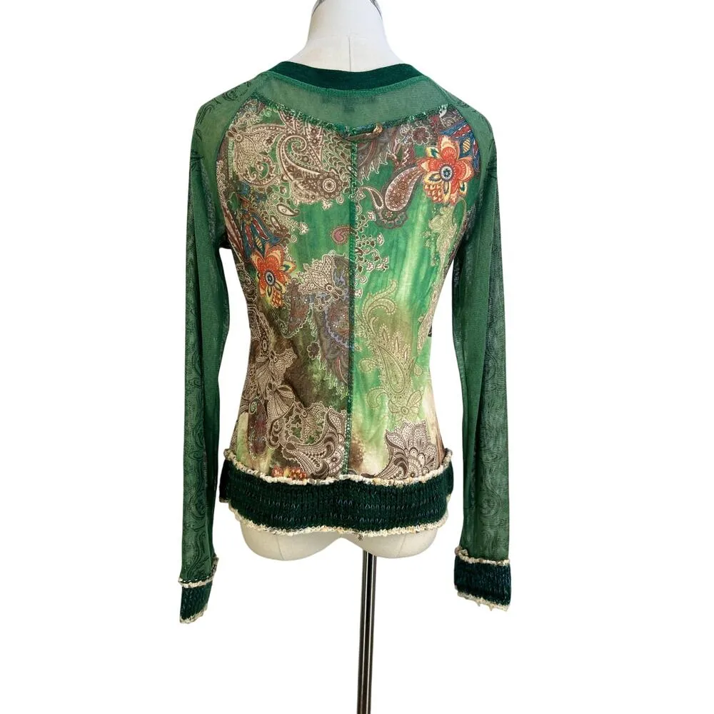 Kaktus Mixed Fabric Zip Front Sweater Green Size M - Image 9