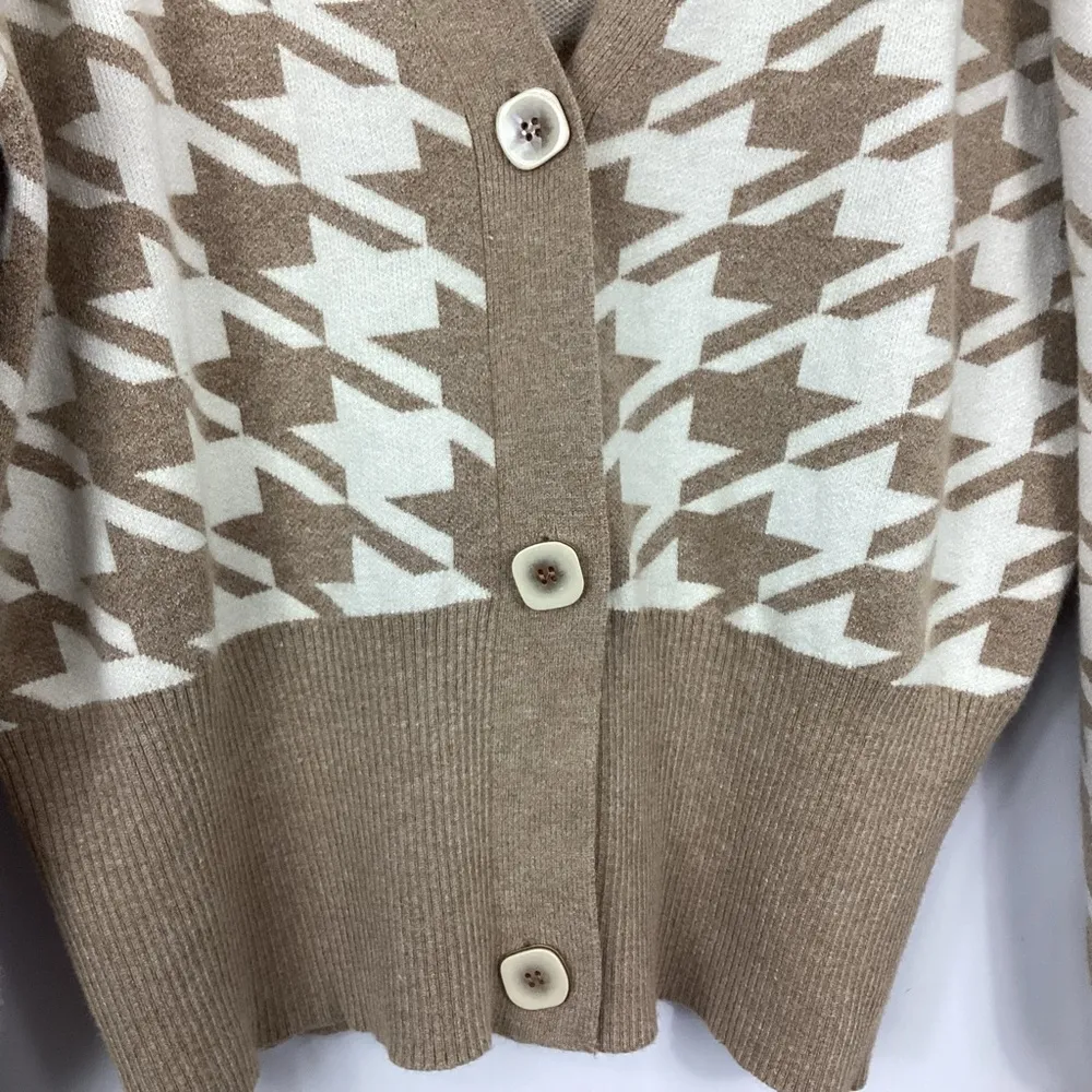 Houndstooth Puff Sleeve Cardigan Sweater Size Medium - Image 2
