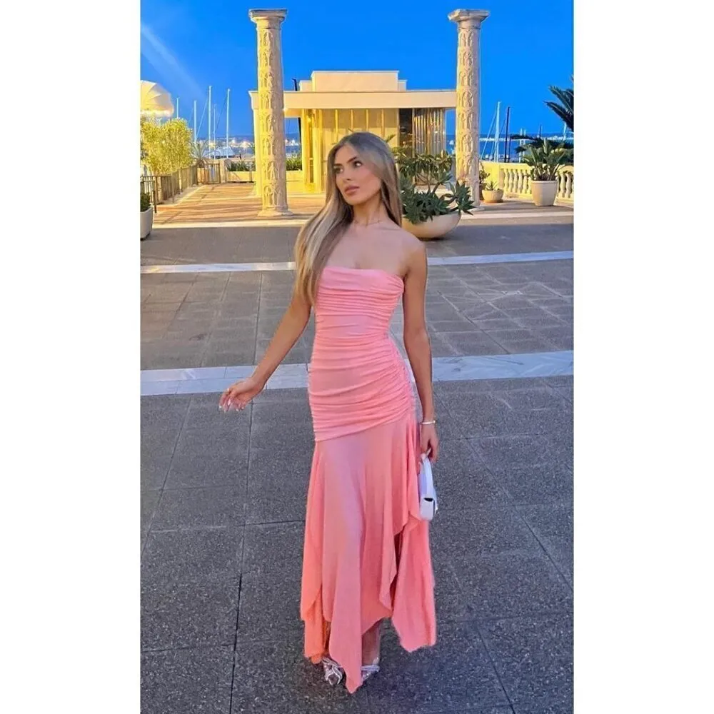 HOUSE OF CB Ivana Gathered Asymmetric Dress in Apricot Size Large - Image 11