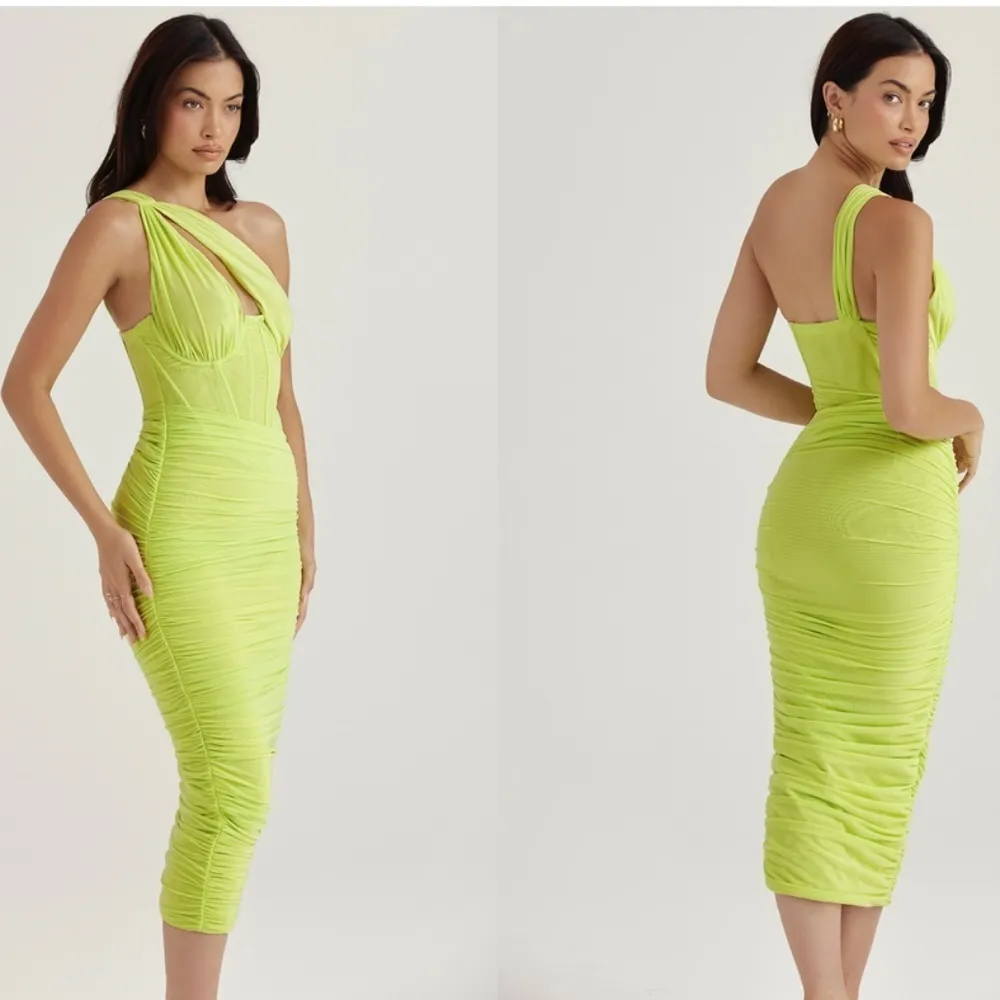HOUSE OF CB 'Valentina'Lime neon Asymmetric Cutout Midi‎ Dress/Size XS plus cup - Image 8