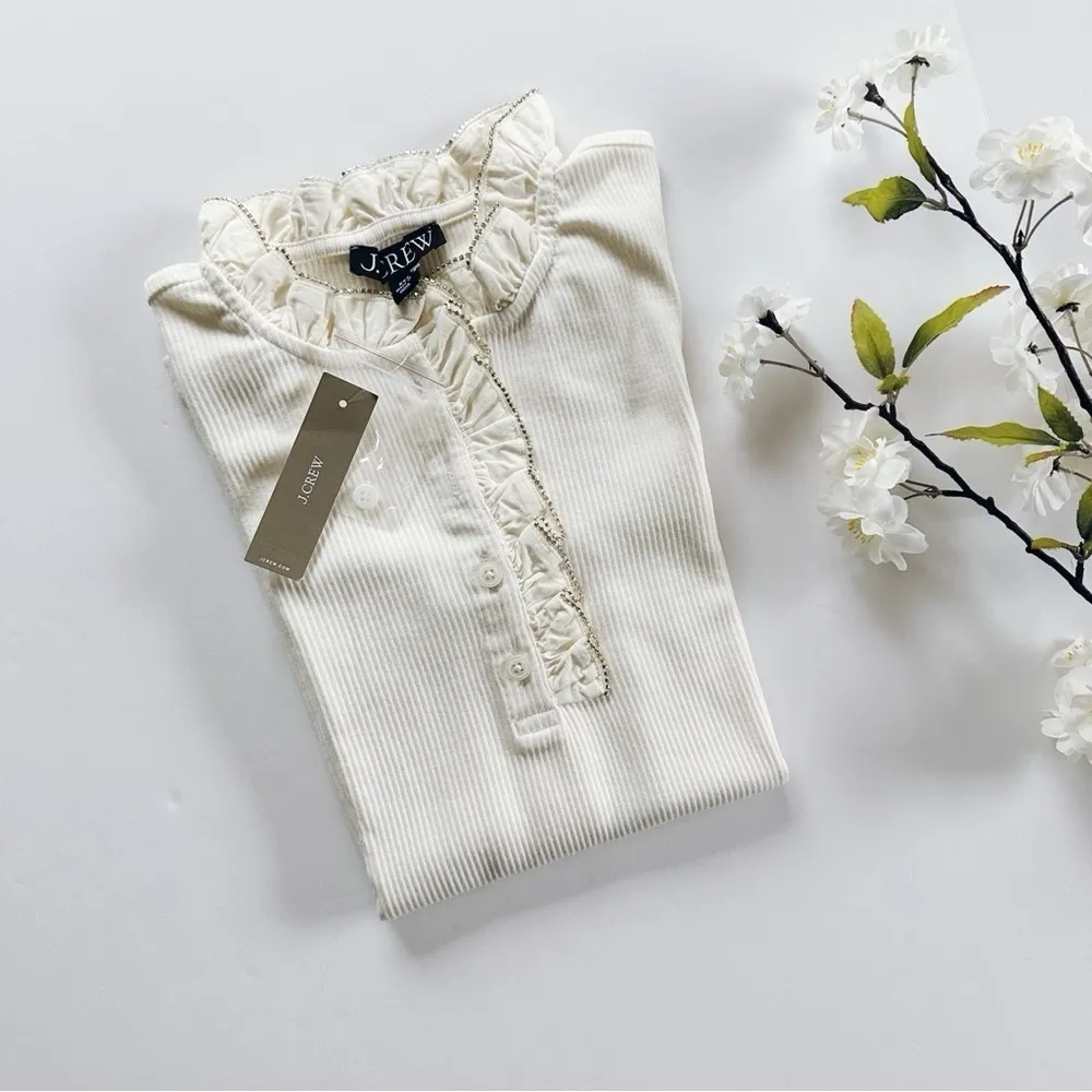 NEW J.Crew Vintage Rib Ruffle-Collar Henley T-shirt With Jewel Trim - Image 4