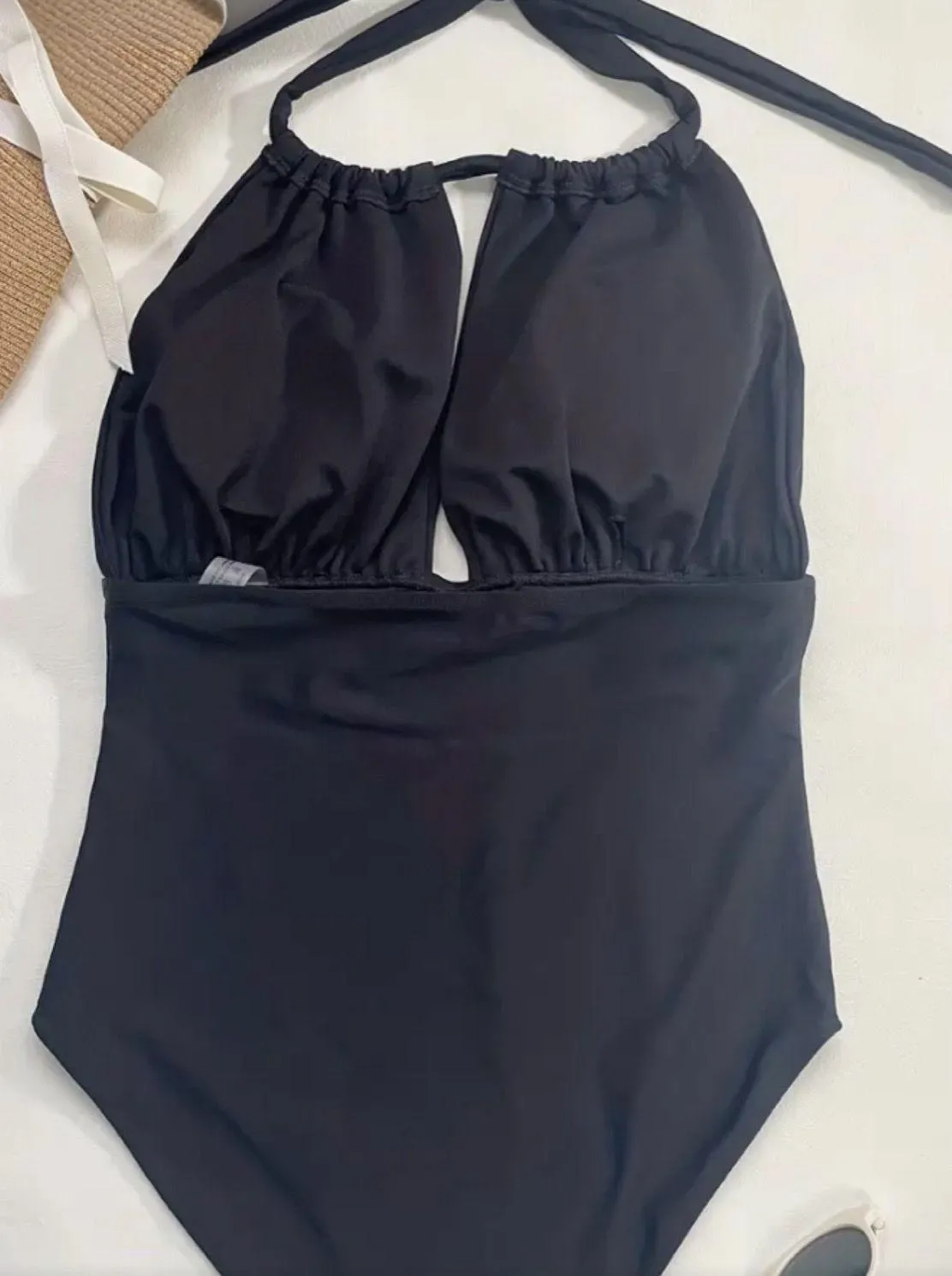 Hollow Out Ruched Black  Swimsuit Halter Tie Neck Backless Stretchy Bathing Suits - Image 4