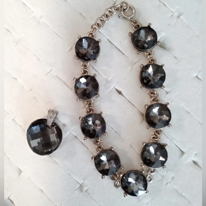 Vintage bracelet pendant necklace set Cocktail Party Jewelry Smokey Quartz stone - Image 2