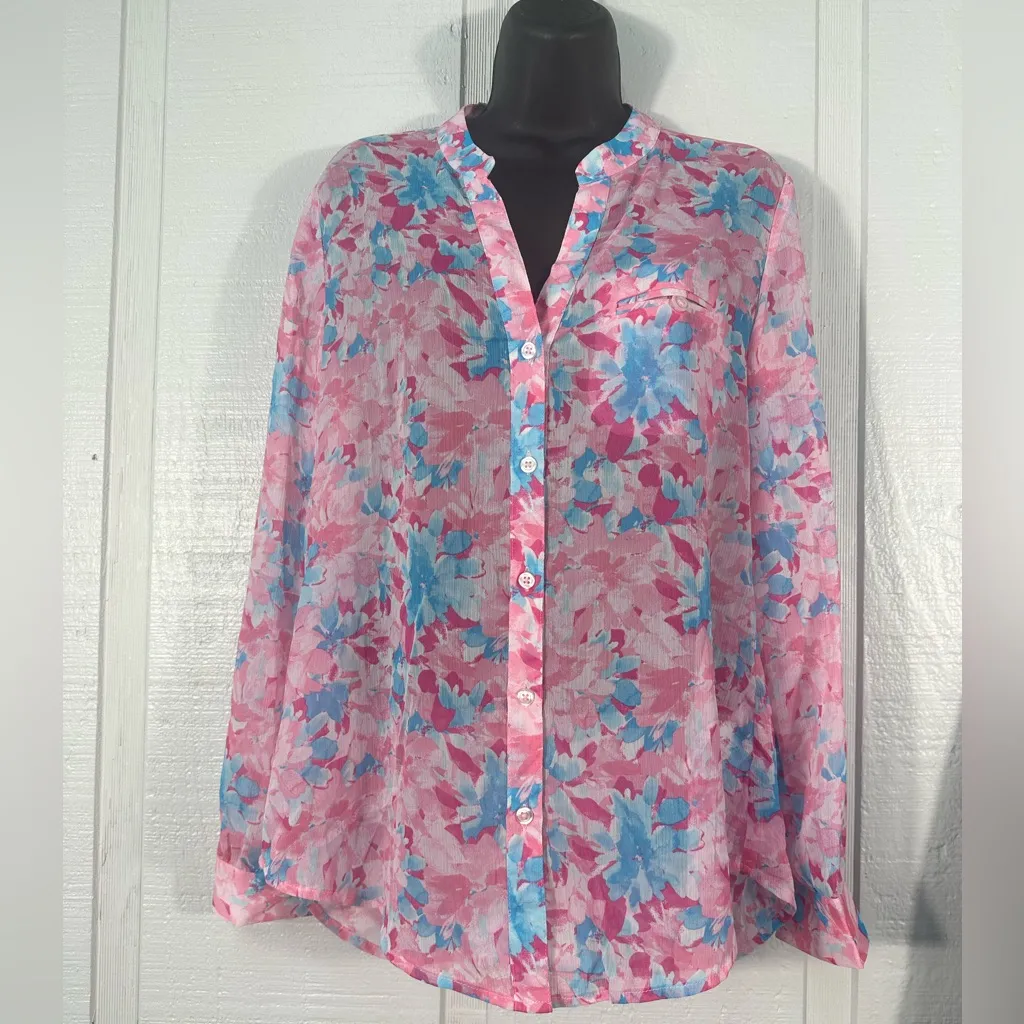 Kut from the Kloth Pink Floral Sheer Button Down Long Sleeve Top Size Small NWT - Image 2