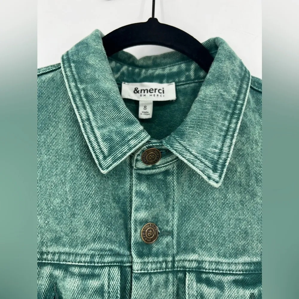 &merci En Merci Acid Wash Denim Mini Dress Jean Balloon Sleeve Green Blue Small - Image 12