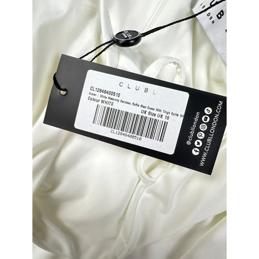 Club L - Maternity Bandeau Ruffle Maxi Dress with Thigh Splits in White - Image 3