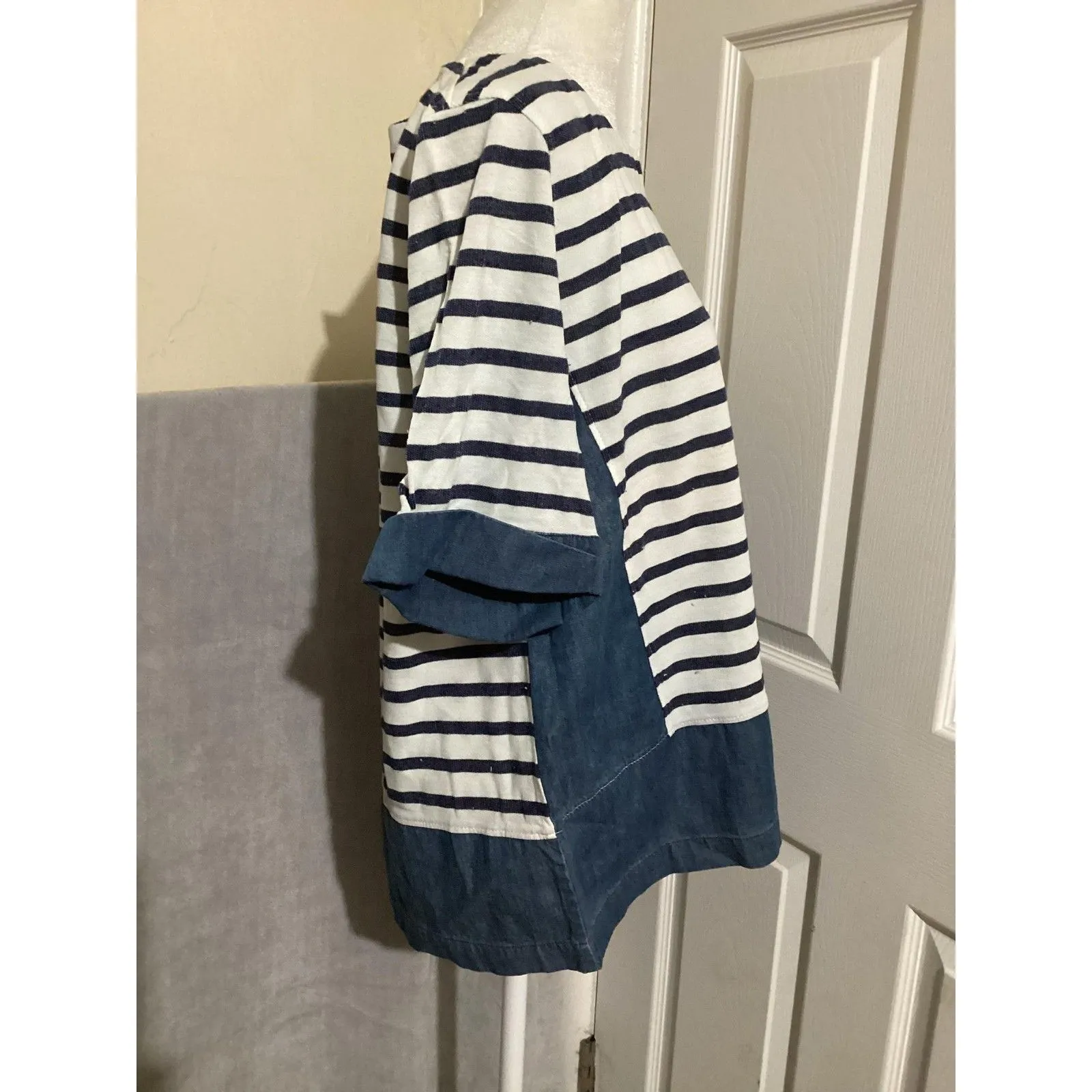AG Adriano Goldschmied Shirt Womens XL Navy White Striped Chambray Back Zip - Image 2