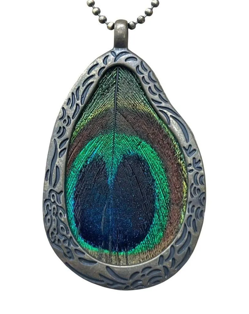 Peacock Feather Pendant Necklace Antique Gold Finish Adjustable Ball Chain - Image 2