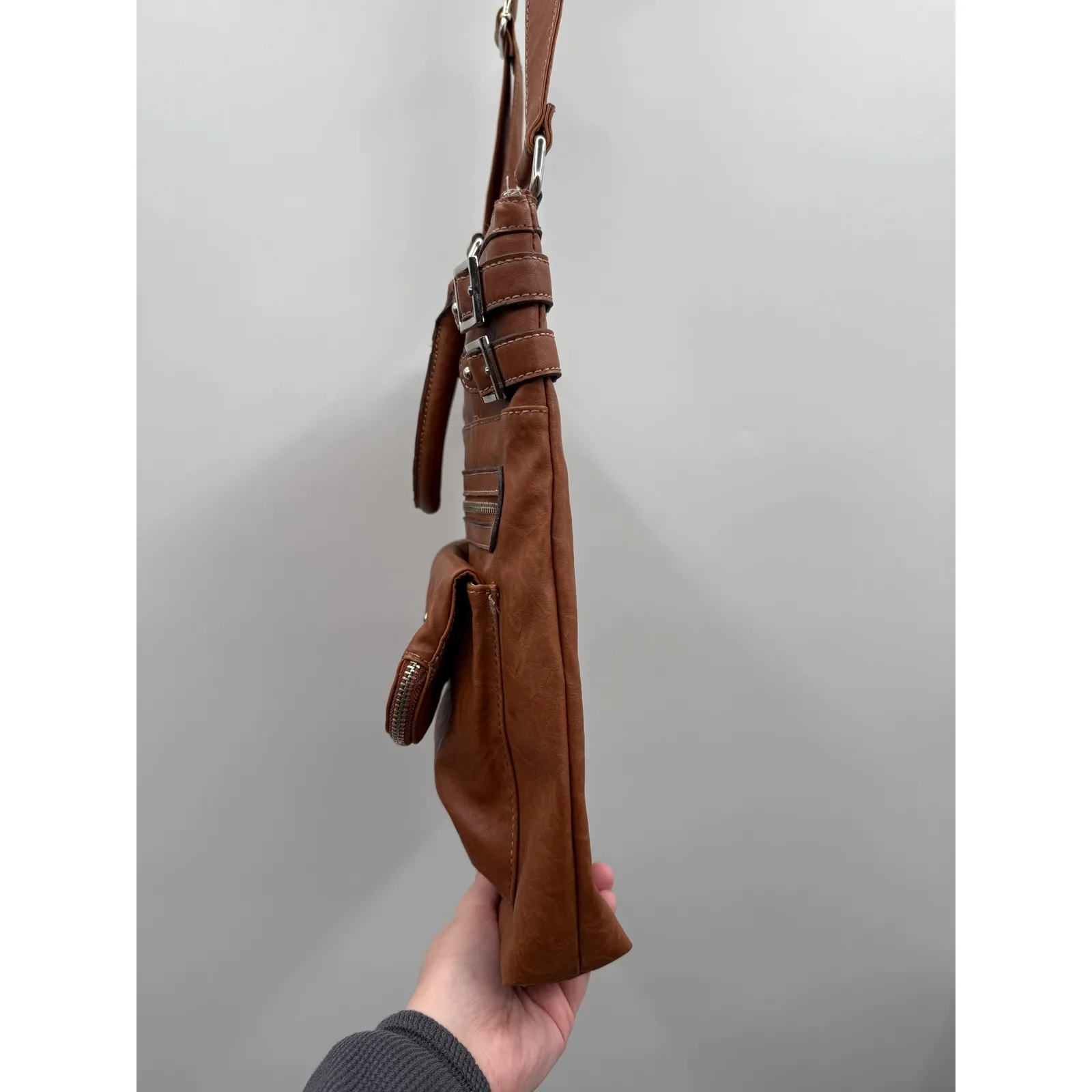 Nine West Brown Faux Leather Crossbody Bag Studded Zip Pocket Shoulder‎ Purse - Image 7