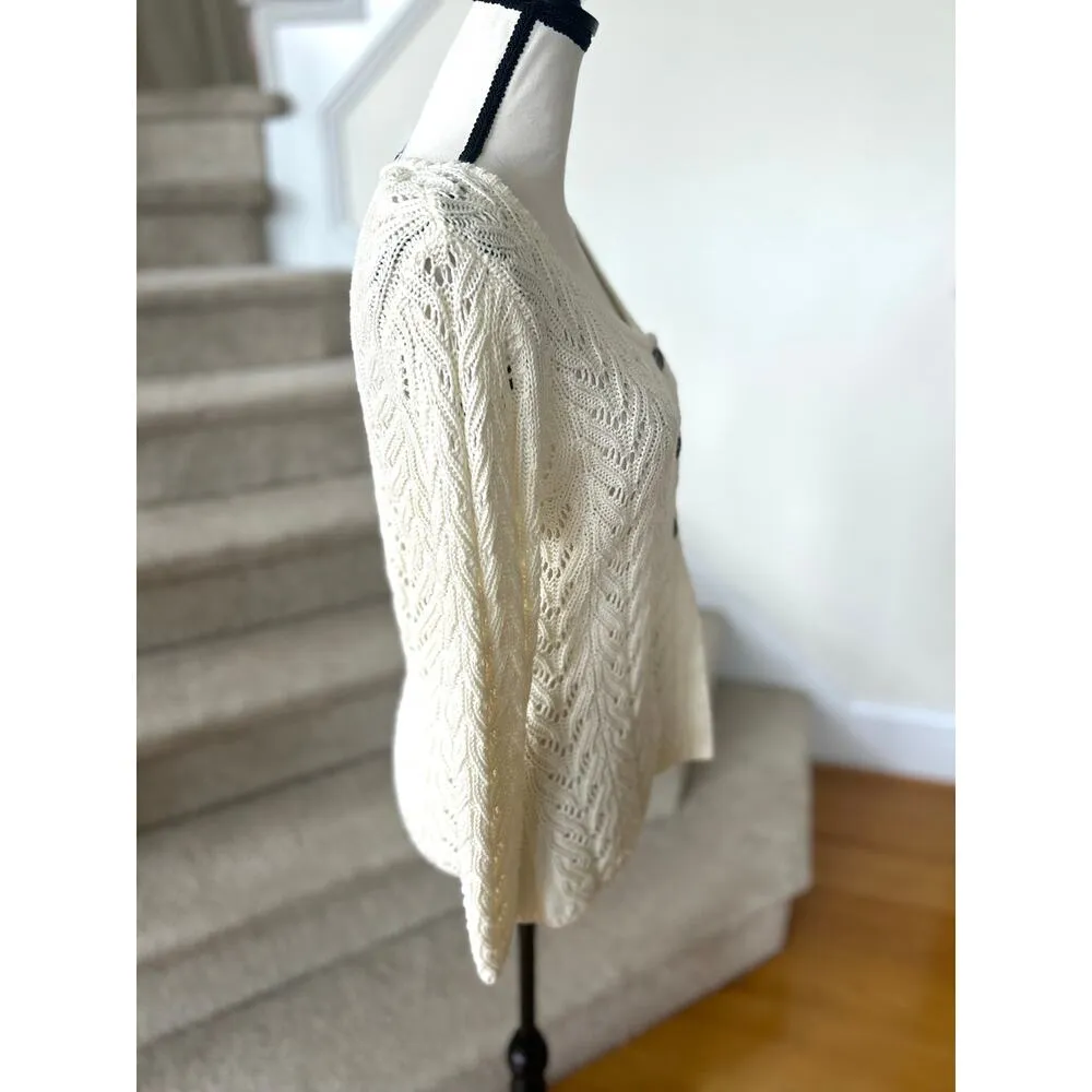 Vintage Talbots Cream White Crochet Babydoll Button Knit Sweater Y2K Cottagecore - Image 3