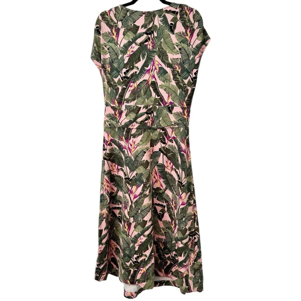 Lands End Pink Tropical Leaf Print V Neck Jersey Knit Maxi Dress Sz Large Resort - Image 2