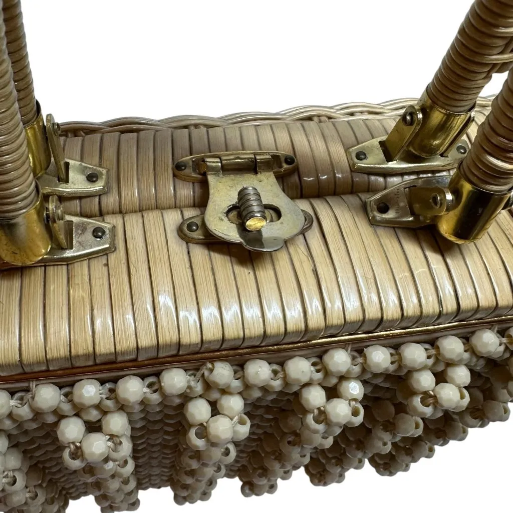 Vintage MCM 1950's Beaded Natural Straw Box Bag Hong Kong Handbag Tan - Image 3