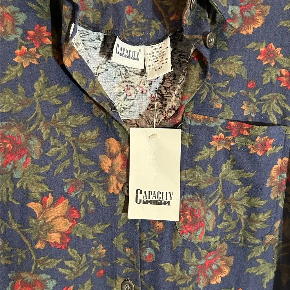 Vintage 80’s Floral Flannel Button Up Shirt NEW Petite Medium Capacity Petites Blue Size undefined - Image 7