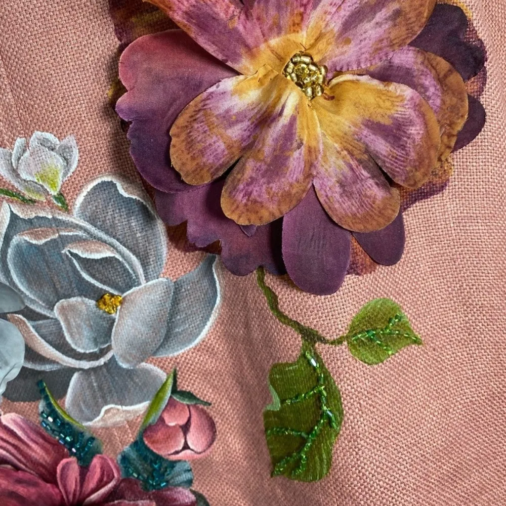 Beautiful Hand Painted Floral & Beaded Linen Jacket Sz L Pink Size L - Image 10