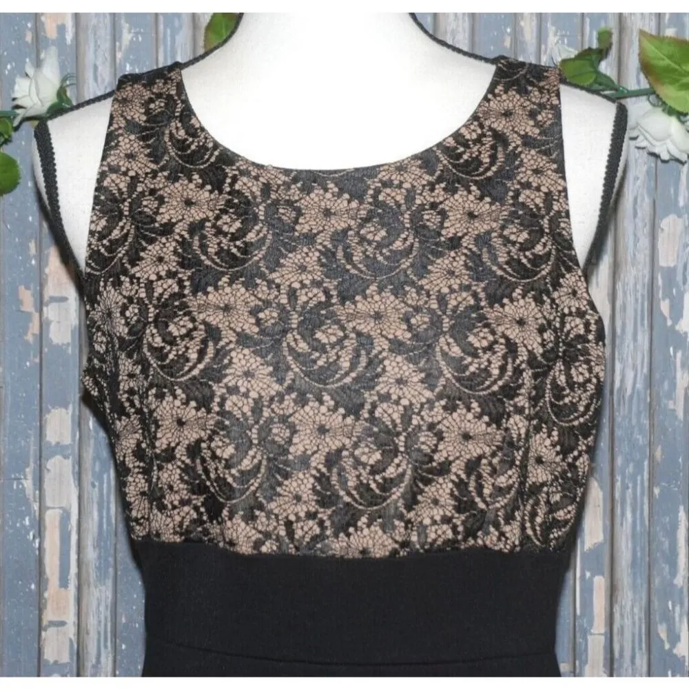 Twenty One Floral Ladies Little Black Dress Size L Stretch Back Zipper Nude Lace - Image 2