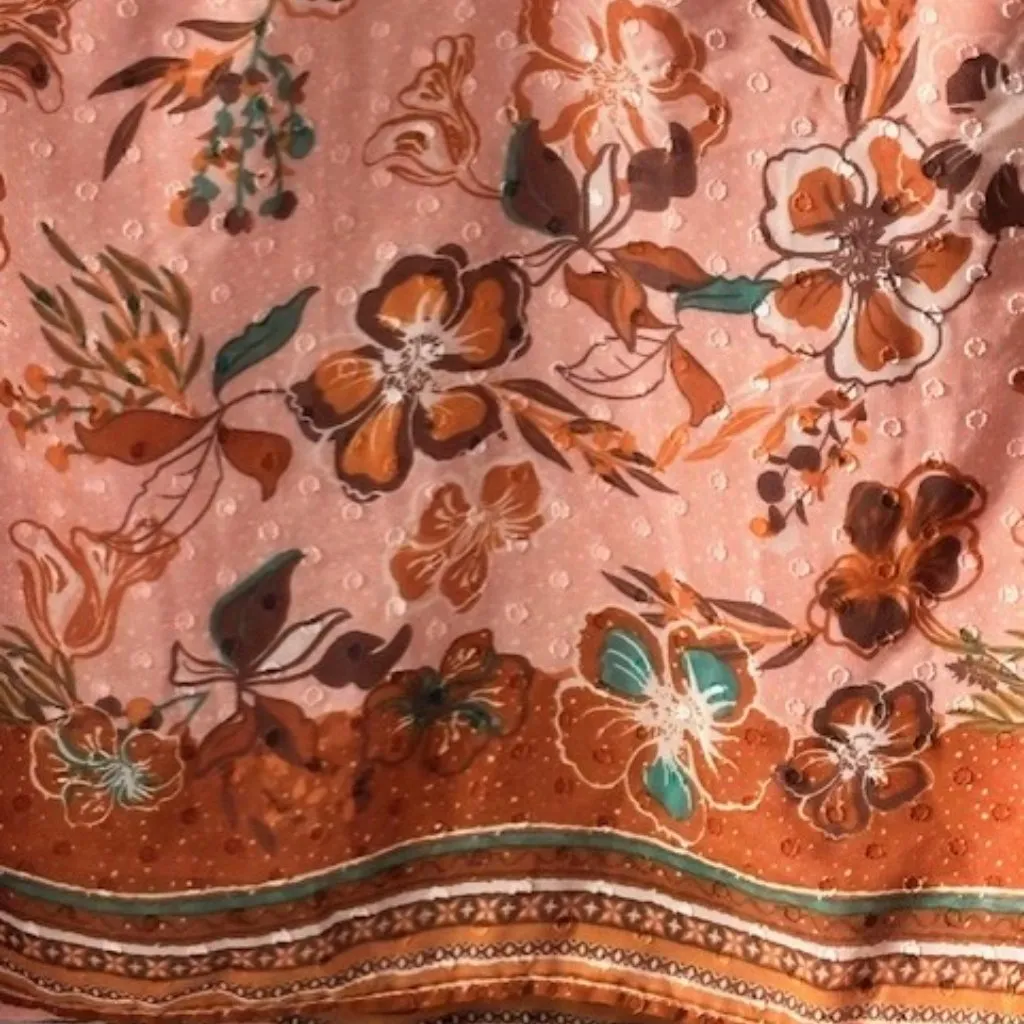 Joie Peach Brown Floral L Blouse V Neck Tie Boho Romantic Puff Swiss Dot Chic - Image 4